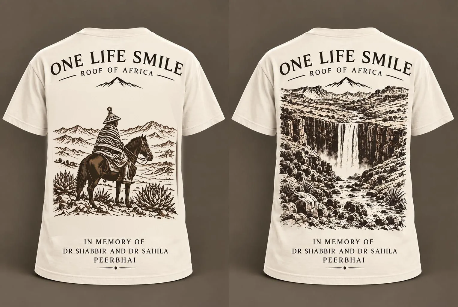 Las dos camisetas de este año, el jinete y la cascada, en memoria del Dr. Shabbir y la Dra. Sahila Peerbhai